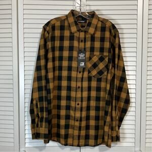NWT Dokkia Brown Black Buffalo Plaid Tailored Brushed Cotton Flannel Shirt Men L